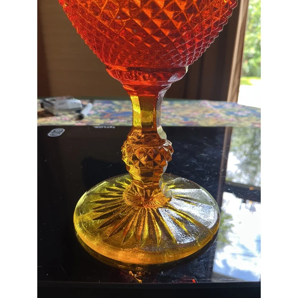Vintage Amberina Glass Ruffled Compote Dish Diamond Point Pedestal Red‎ Yellow